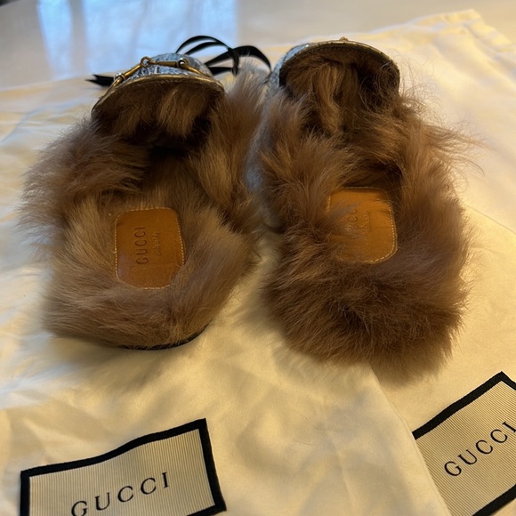 GUCCI Python Snakeskin & Lamb Wool Fur Slip on Princetown - Picture 4 of 13